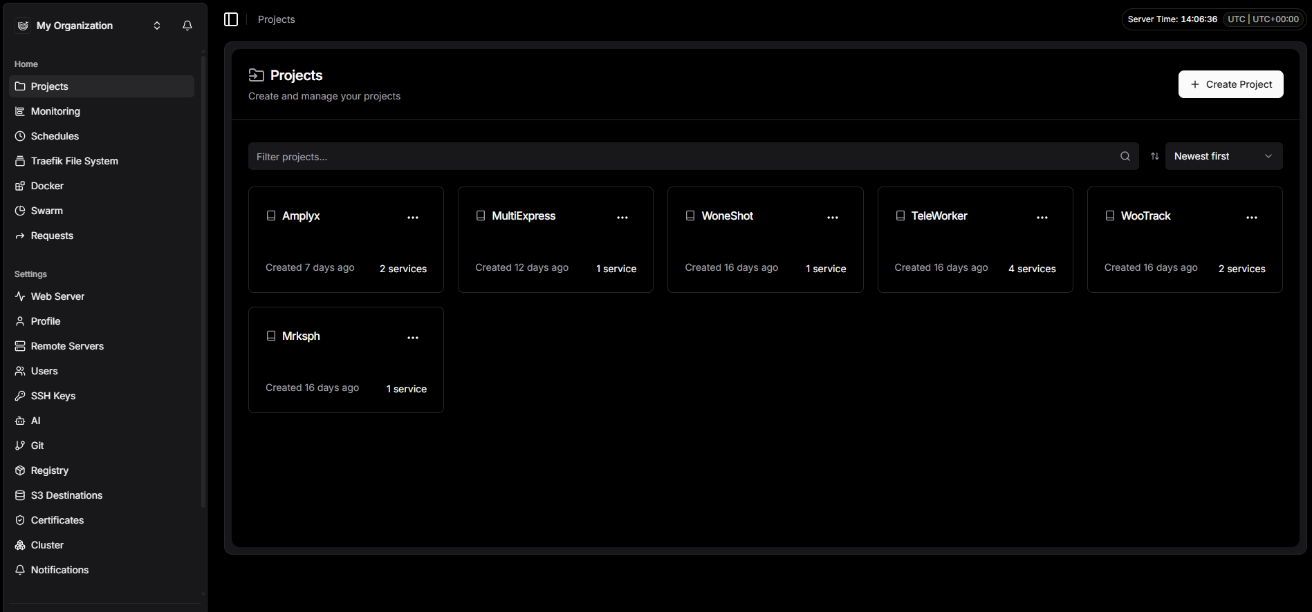 Dokploy dashboard on the homepage